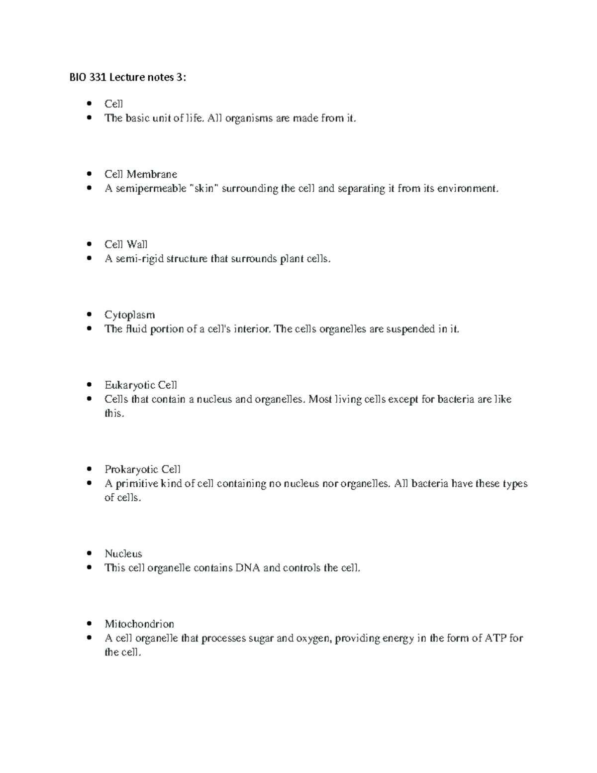 BIO 331 Lecture notes 3 - BIO 331 Lecture notes 3: Cell The basic unit ...