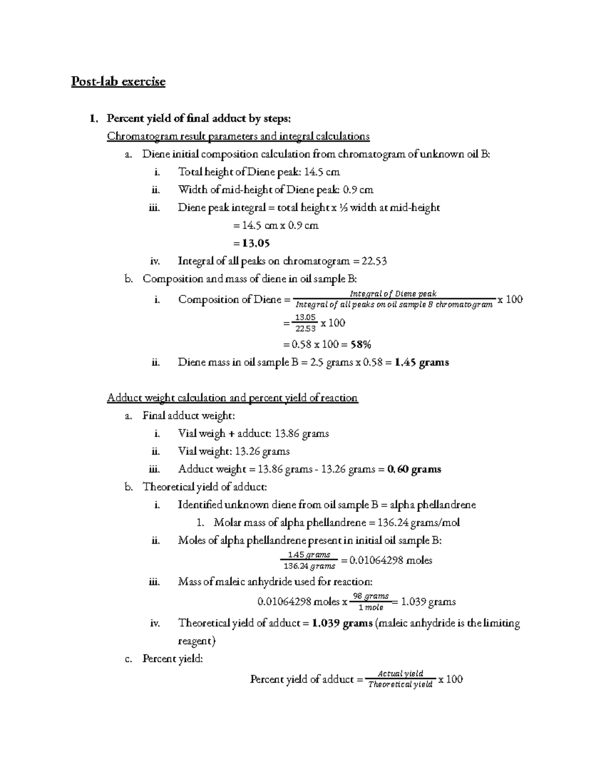 Diels-Alder Reaction post-lab - Post-lab exercise Percent yield of nal ...