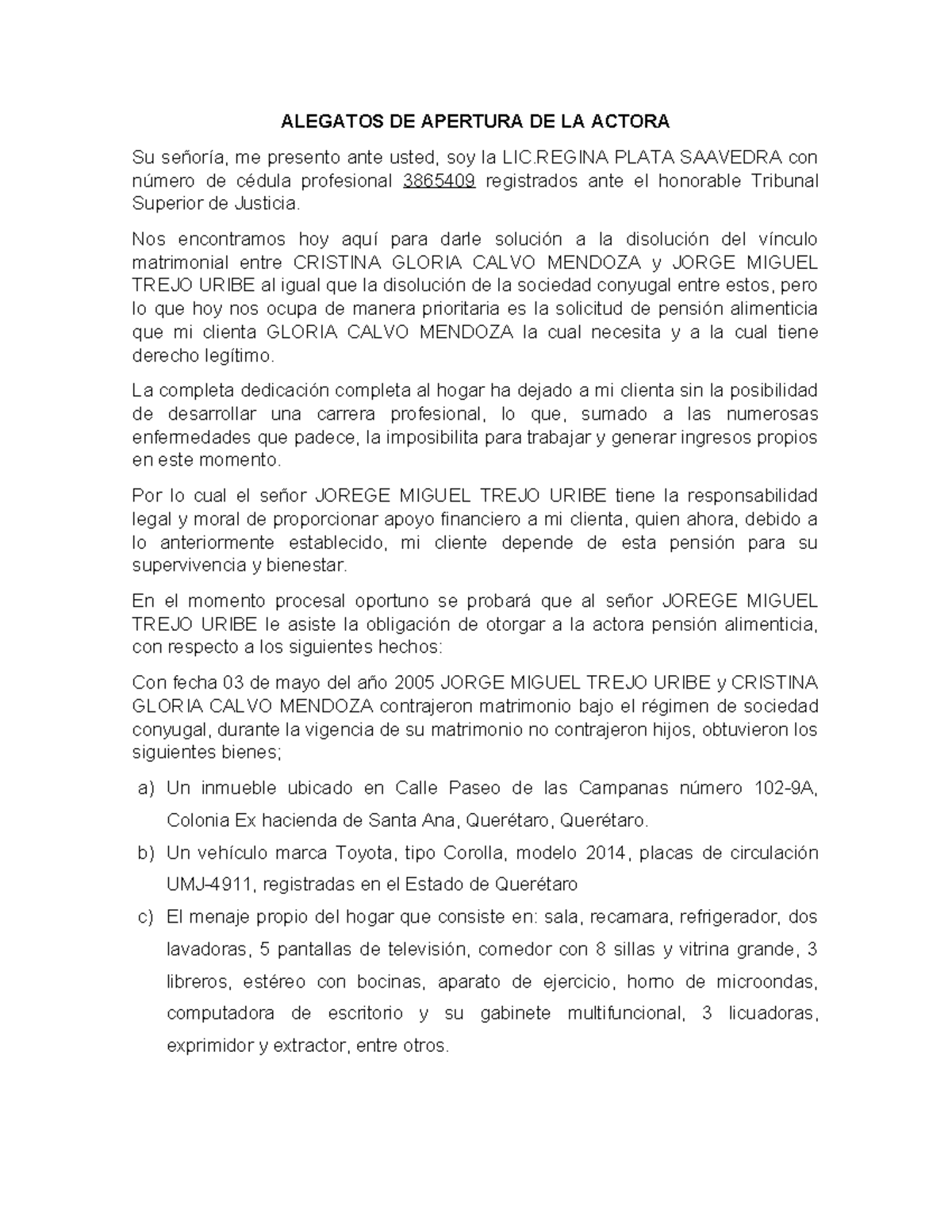 Alegatos de apertura - Hgvvvvvv - ALEGATOS DE APERTURA DE LA ACTORA Su ...