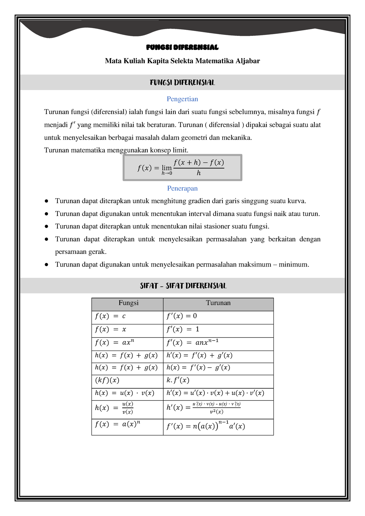 Fungsi Diferensial Bagian 1 - FUNGSI DIFERENSIAL Mata Kuliah Kapita ...