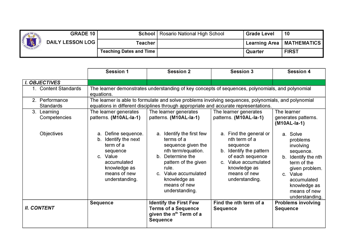 G10 DLL First Quarter - Asd - GRADE 10 DAILY LESSON LOG School Rosario ...