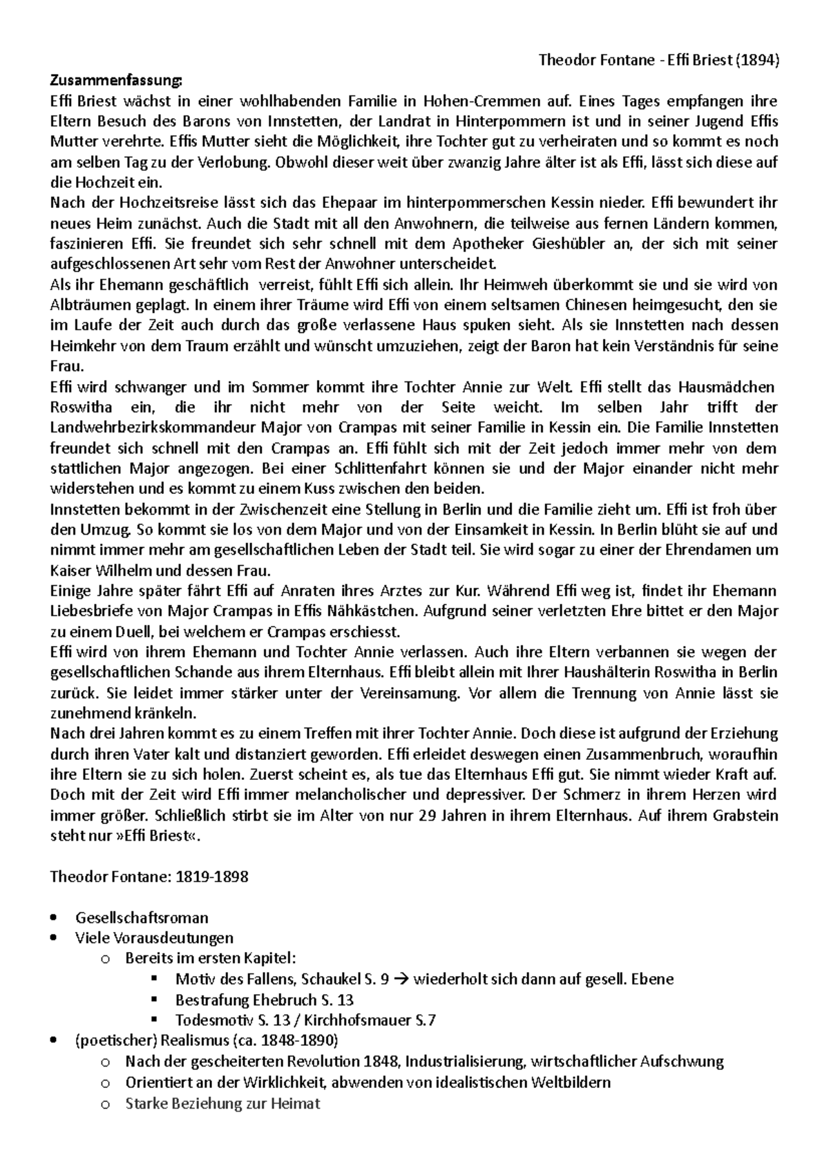 Effi Briest Kapitel Zusammenfassung Effi Briest - Zusammenfassung: Ei Briest wächst in einer wohlhabenden