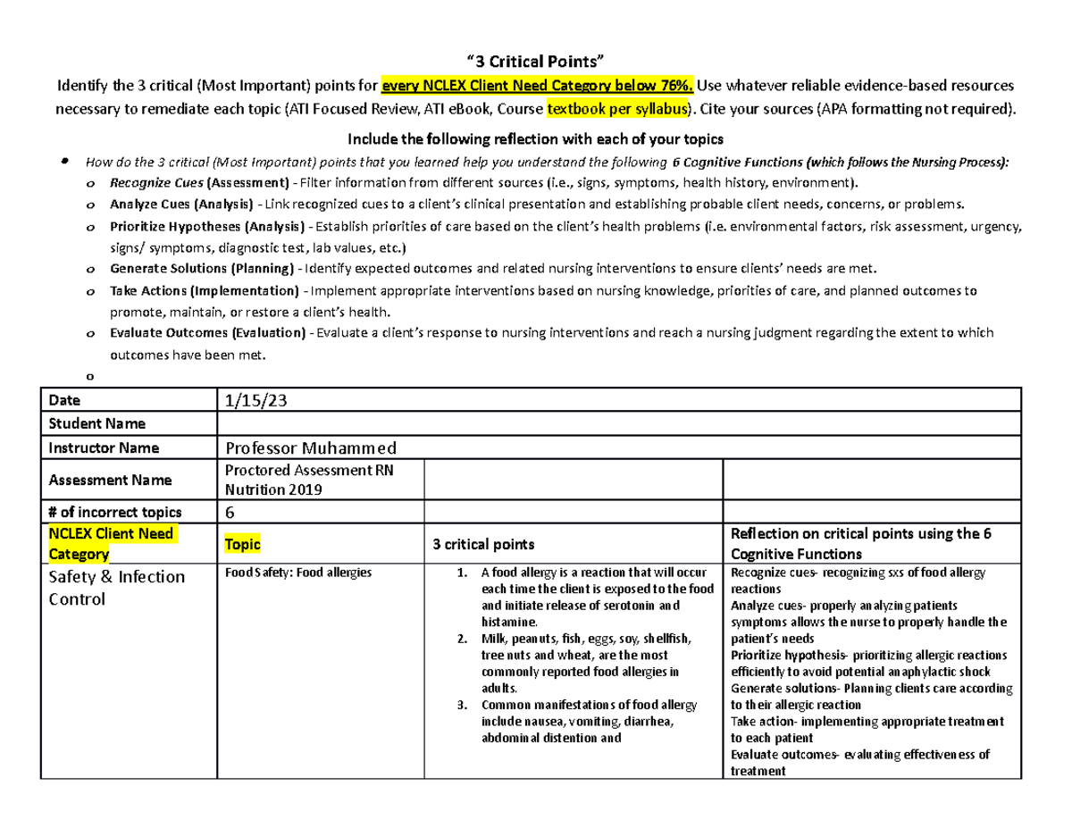 Nutrition week 10 Remediation - “3 Critical Points” Identify the 3 ...