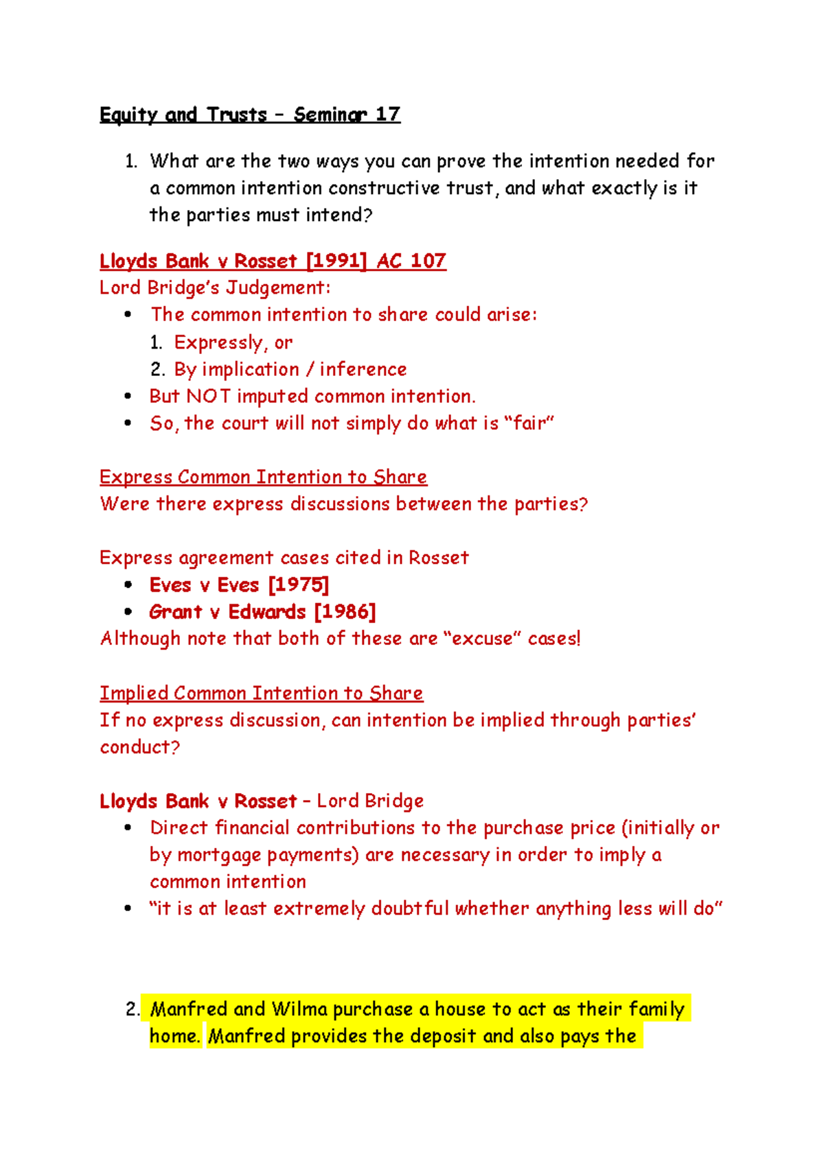 Week 17 Seminar - Lecture notes 17 - Equity and Trusts – Seminar 17 ...