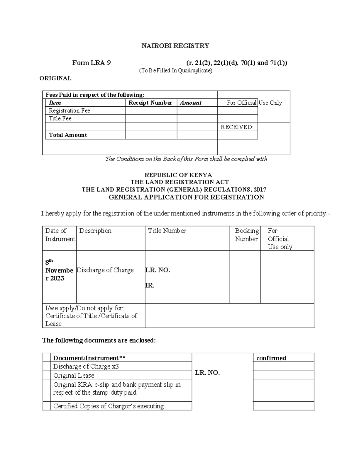 Booking form - NAIROBI REGISTRY Form LRA 9 (r. 21(2), 22(1)(d), 70(1 ...