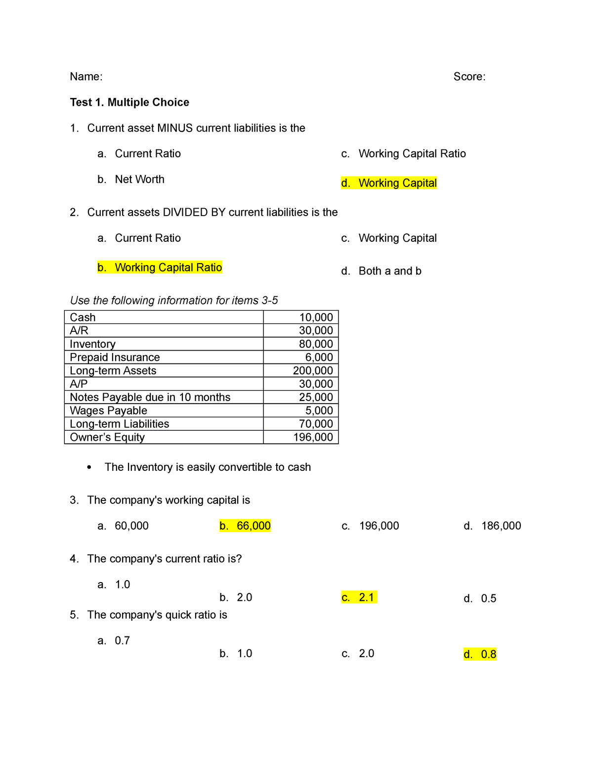 Financial Statement Analysis Quiz - Name: Score: Test 1. Multiple ...