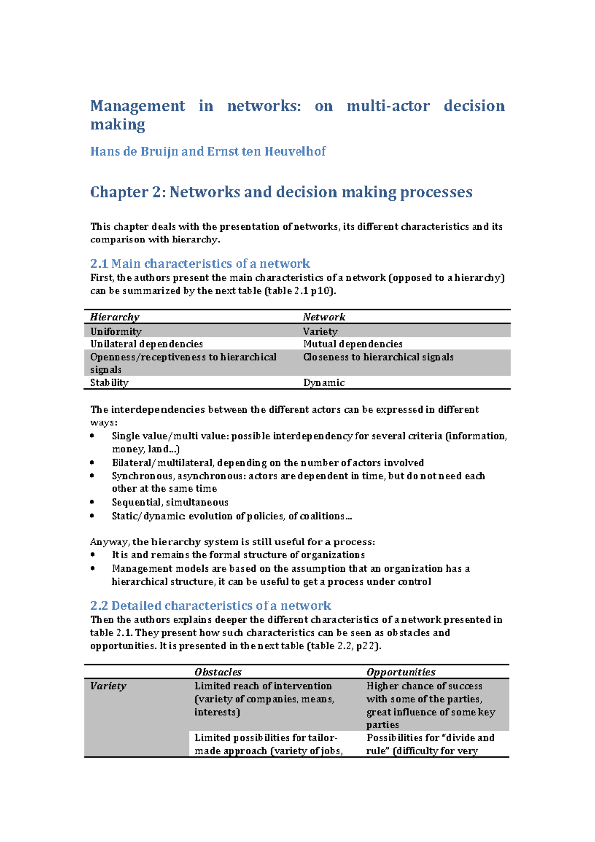 Management in Networks: On multi-actor decision making