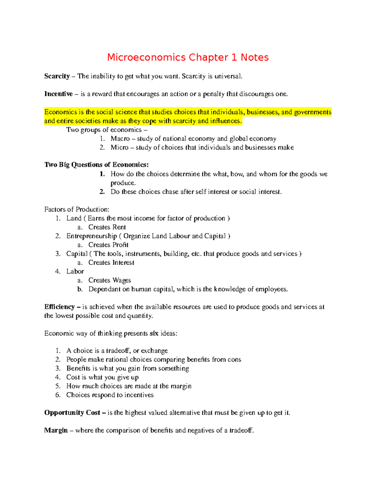 Micro Notes Lecture 1 - Ch1 - Ch3 - Microeconomics Chapter 1 Notes ...