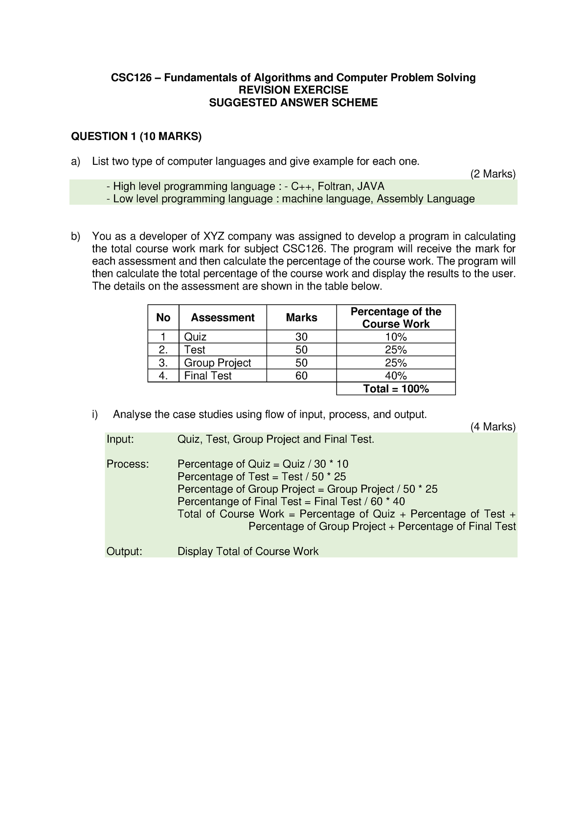 CSC126 QUIZ OCT2022- Revision- Suggested Answer - CSC126 – Fundamentals ...