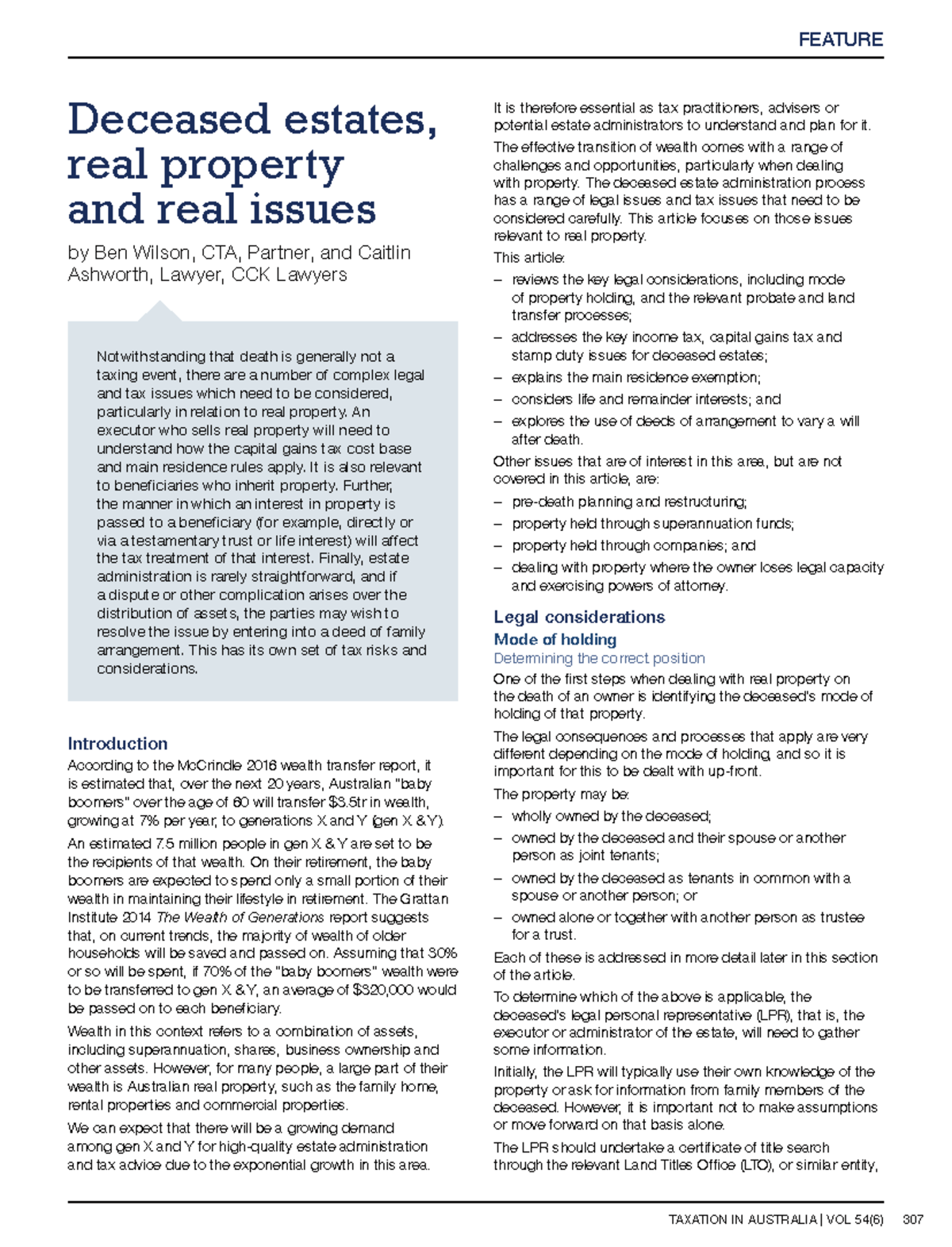 CGT & Deceased Estates Notwithstanding that death is generally not a