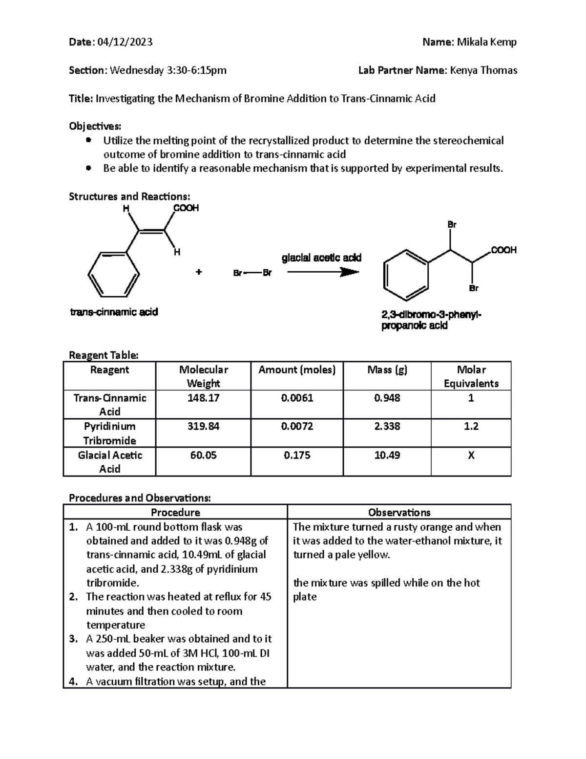 Bromide Addition lab report - Section: Wednesday 3:30-6:15pm Lab ...