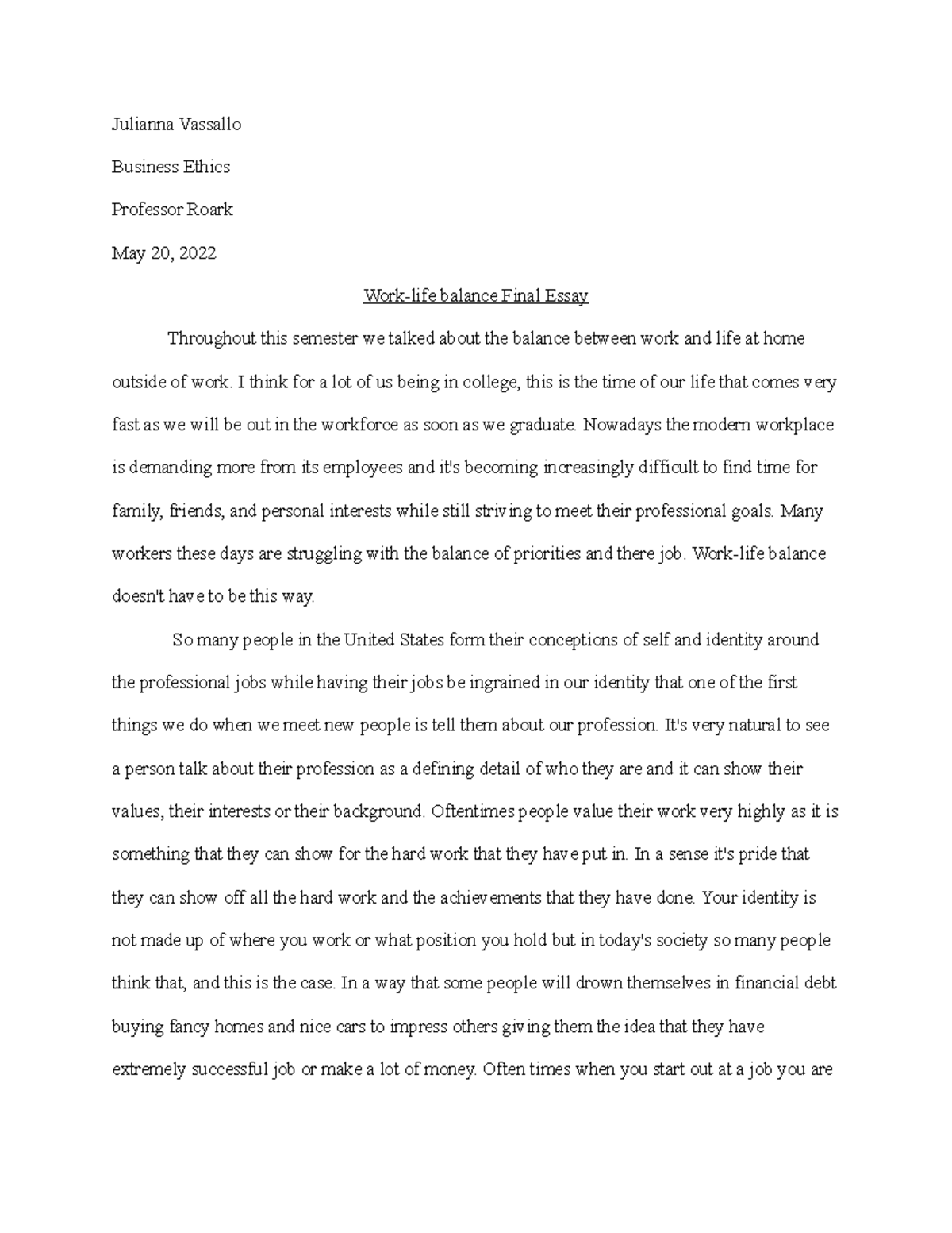 work life balance synthesis essay