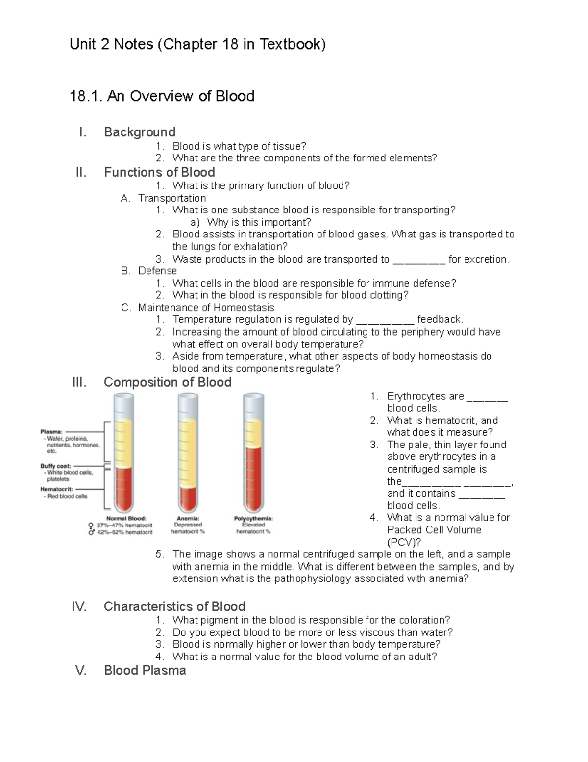 BIO 1300 Unit 2 Notes - 18. An Overview of Blood I. Background Blood is ...