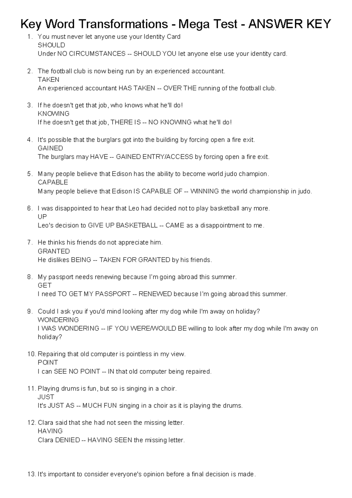 Key word transformations mega test answer key - Key Word ...