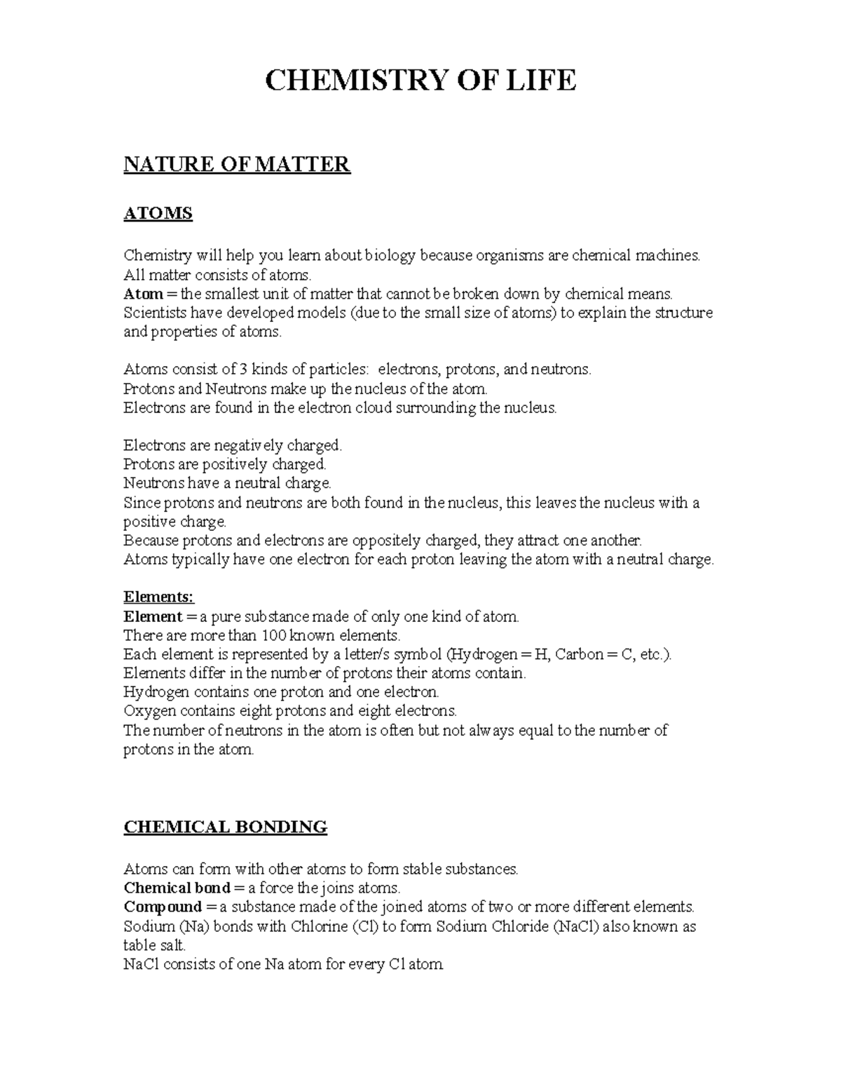 Biochemistry Notes CHEMISTRY OF LIFE NATURE OF MATTER ATOMS Chemistry Biochemistry Notes CHEMISTRY OF LIFE NATURE OF MATTER ATOMS Chemistry