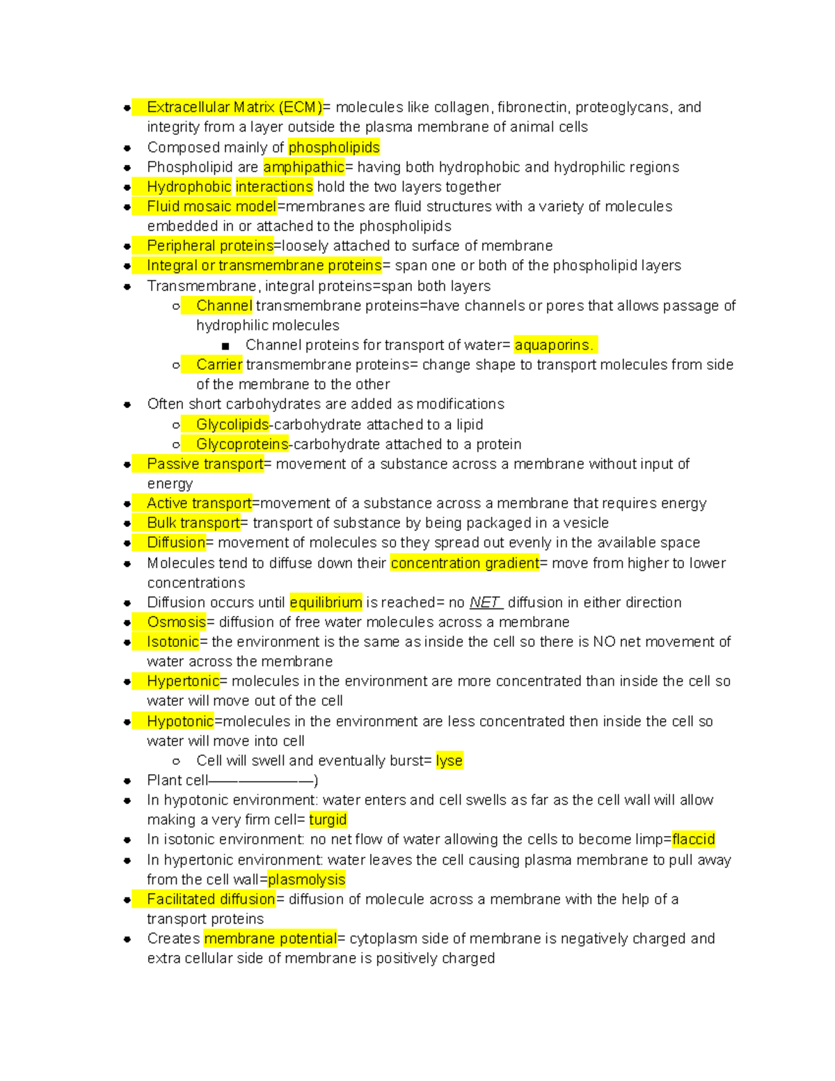 Bio notes Ch 5-7 - Extracellular Matrix (ECM)= molecules like collagen ...