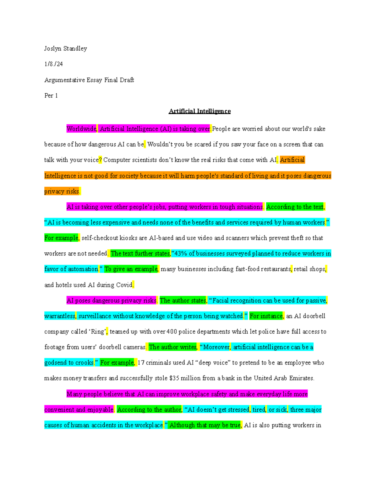 Argumentative Essay - Joslyn Standley 1/8./ Argumentative Essay Final ...