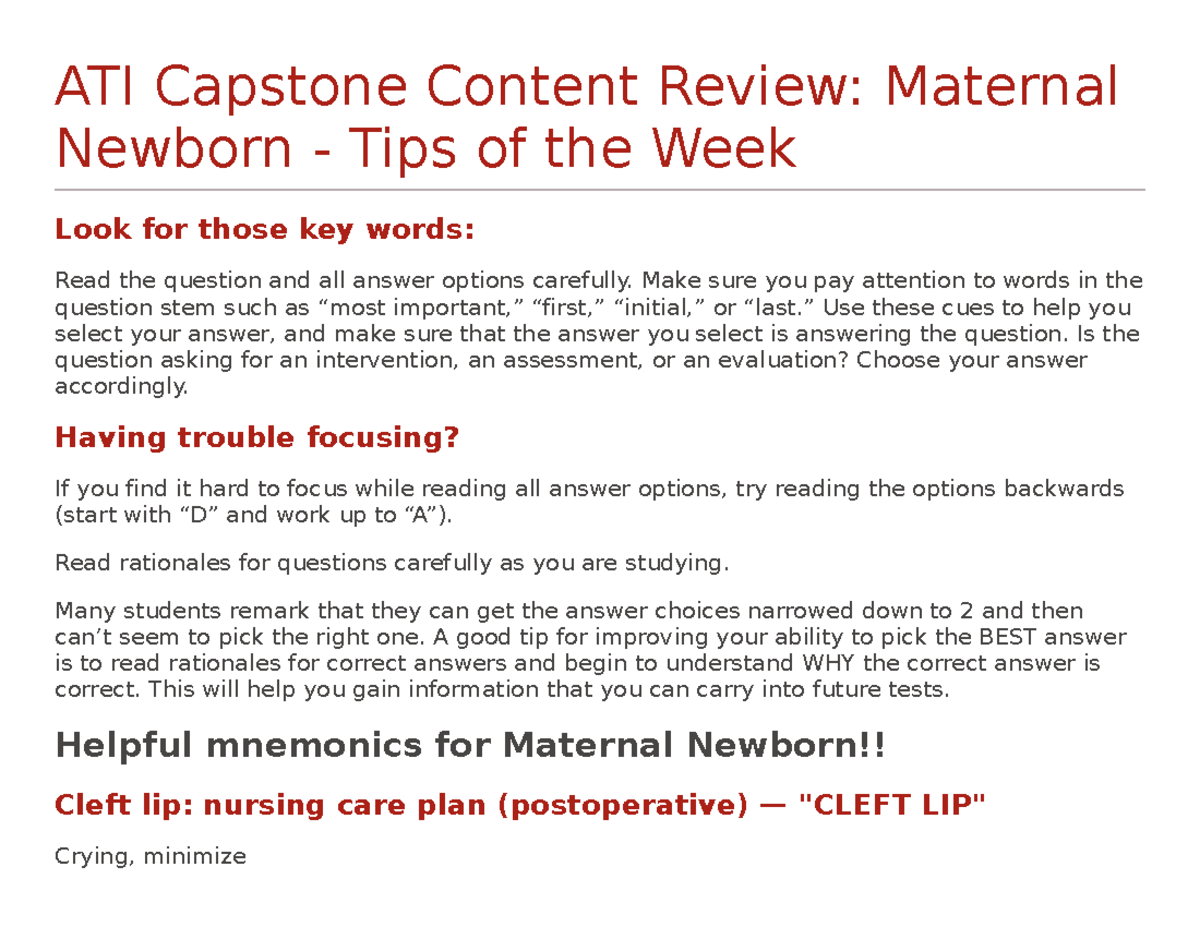 Ati Capstone Pre Assessment Quiz Maternal Newborn