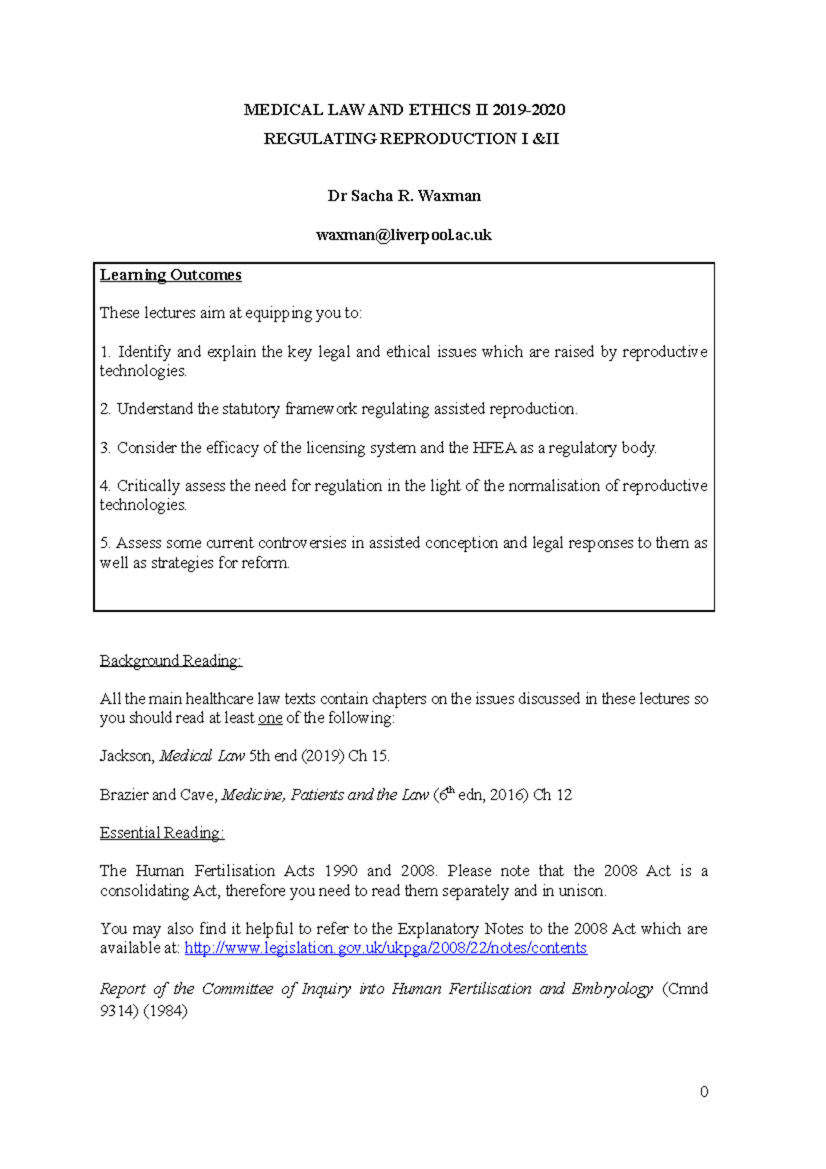 Assisted conception lecture notes - MEDICAL LAW AND ETHICS II 2019 ...