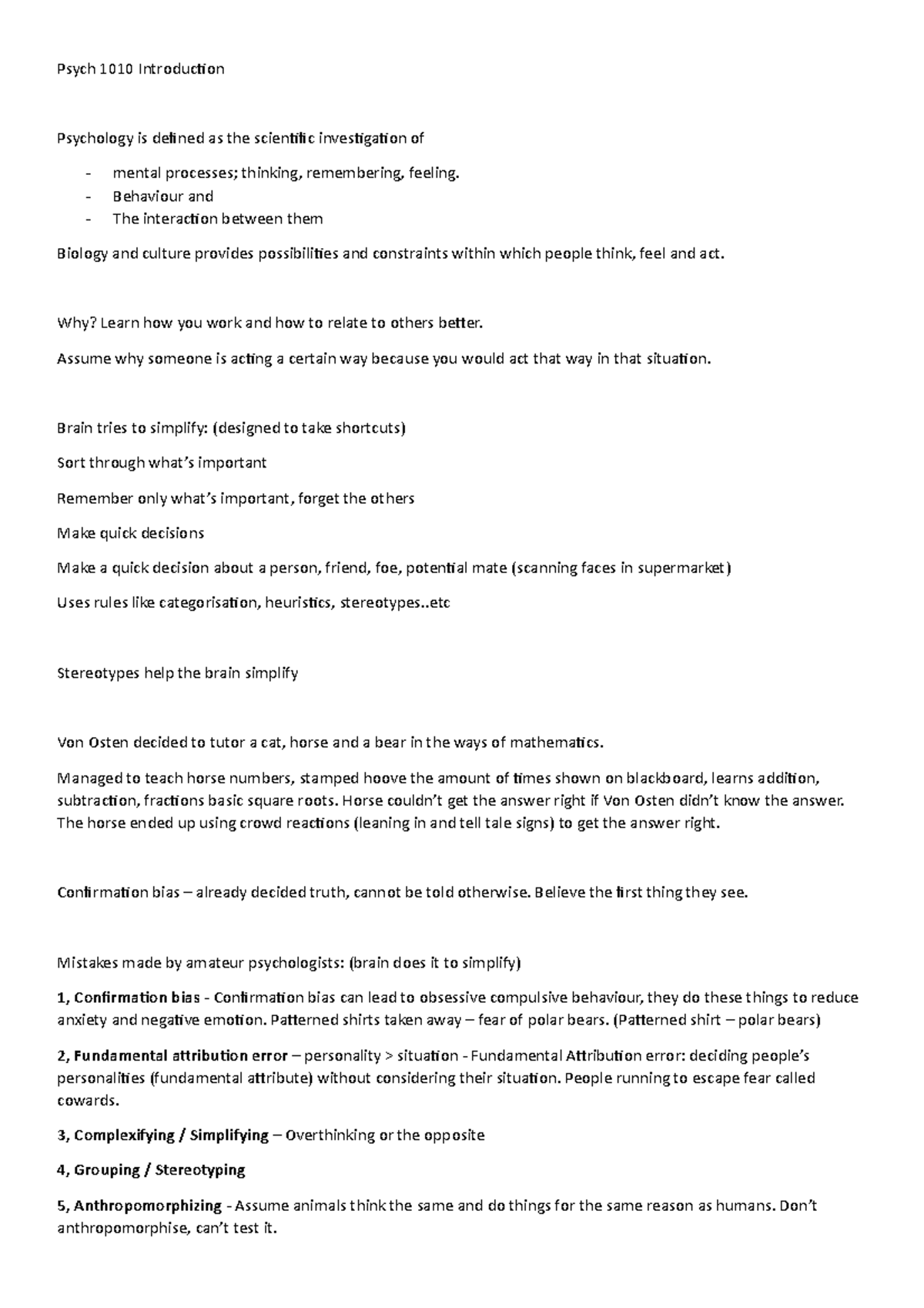 Introduction L1 - Lecture notes 1 - Psych 1010 Introduction Psychology ...