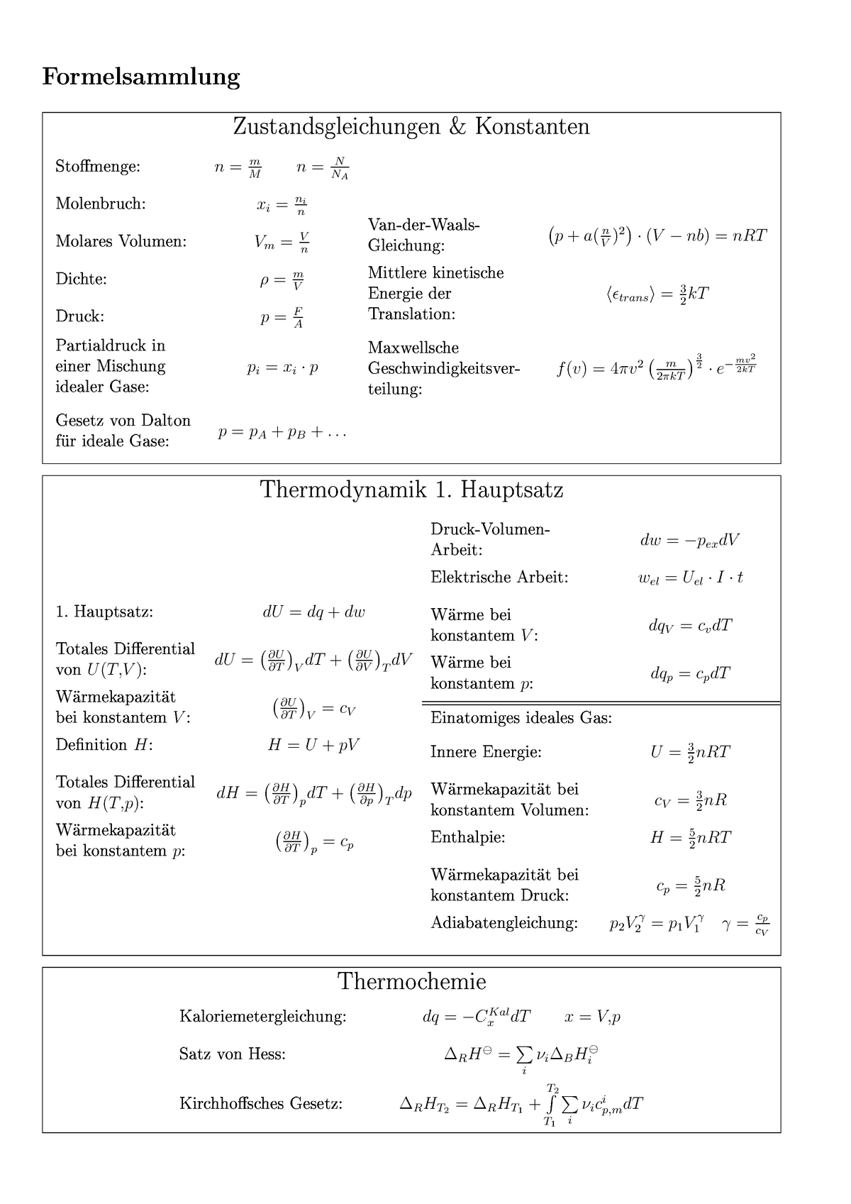 Formelsammlung Physikalische Chemie T1be B Studocu