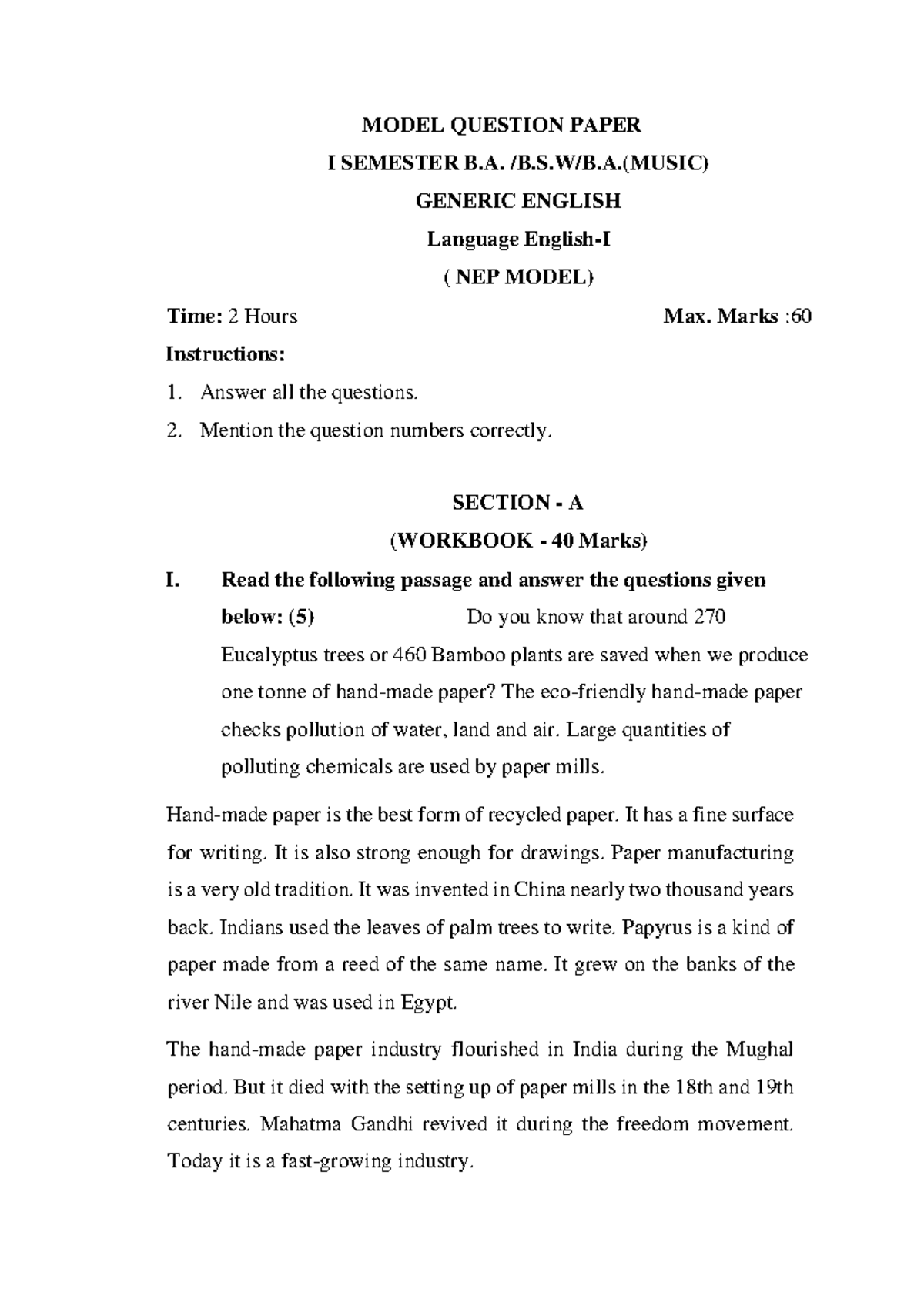 English BA - ... - MODEL QUESTION PAPER I SEMESTER B. /B.S.W/B.(MUSIC ...