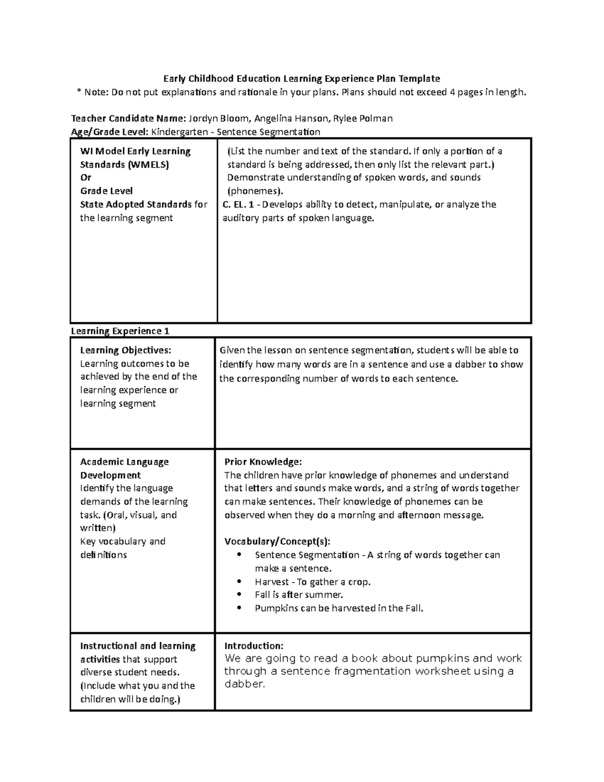 EdTPA Literacy Lesson K Sentence Segmentation Early Childhood 