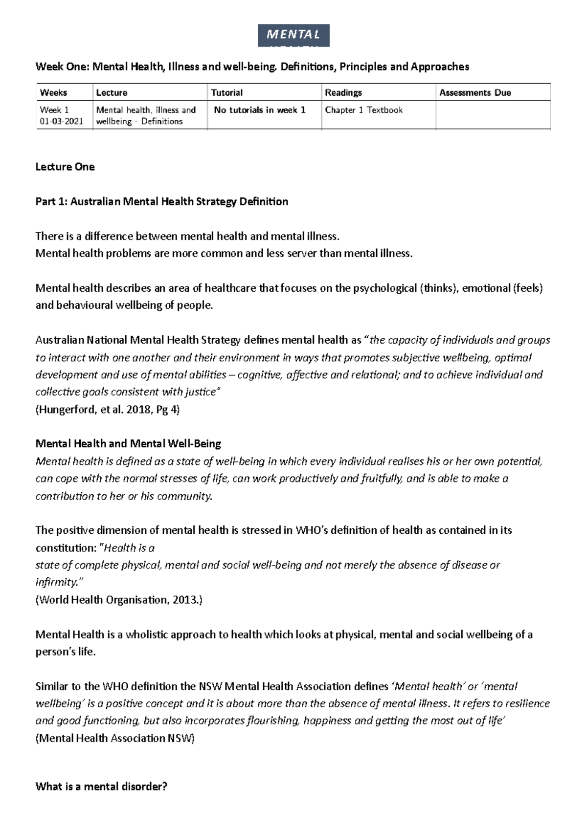 MH Notes - mental health in the community - Week One: Mental Health ...