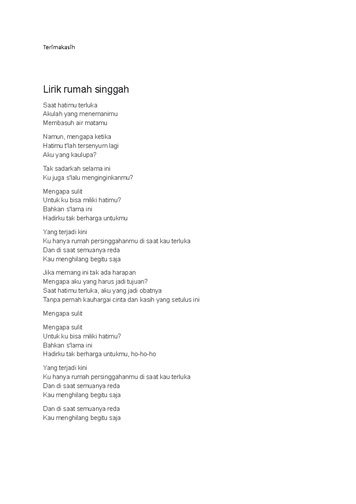 Lirik rumah singgah - terimakasih banyak ya - Terimakasih Lirik rumah