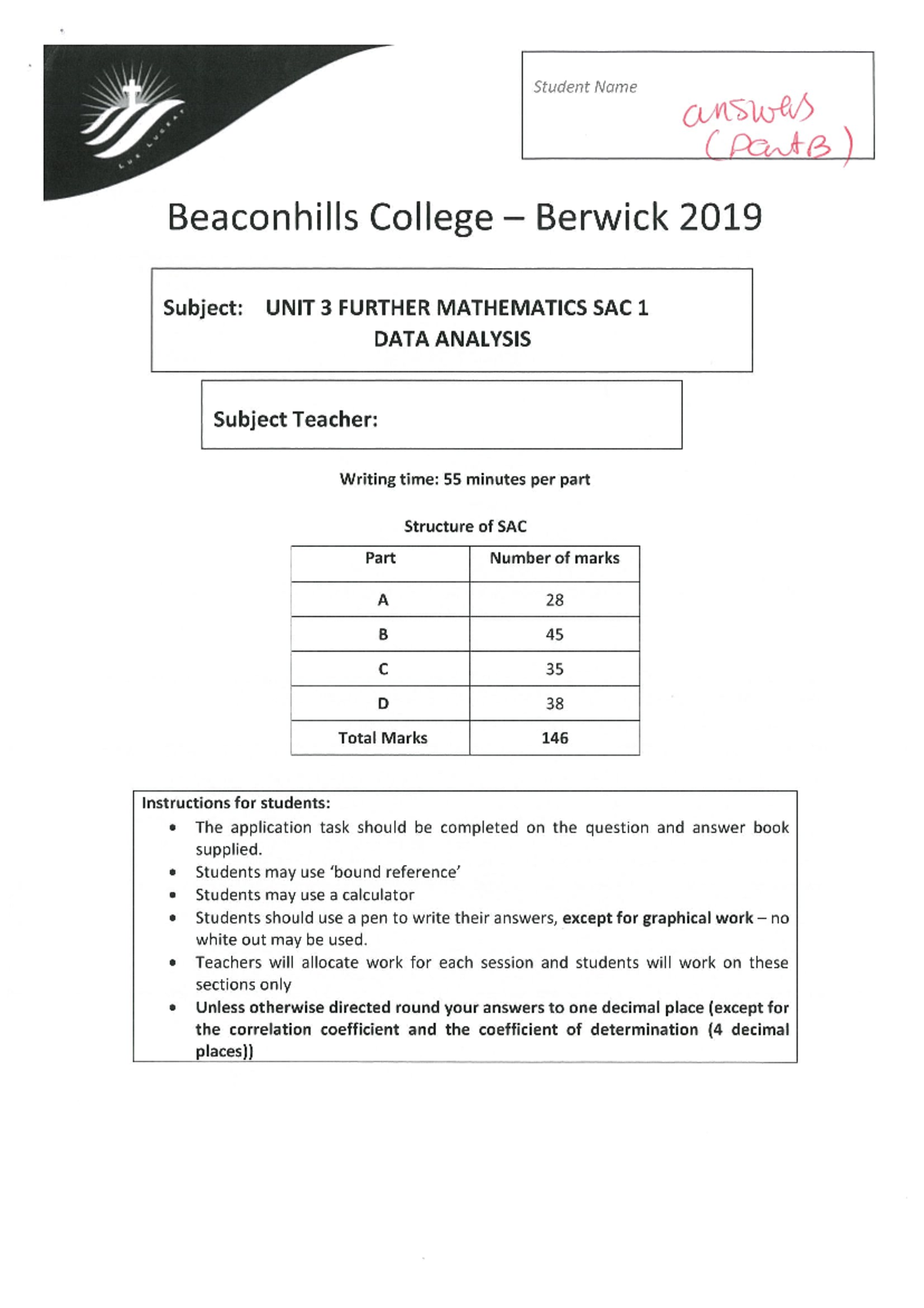 2019 Data Analysis Sac 1 Part B Solutions - Student Name answers (PantB ...