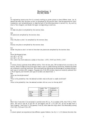 Recitation Week 7 Worksheet - Recitation: 10/21/ 1: Suppose That When A ...