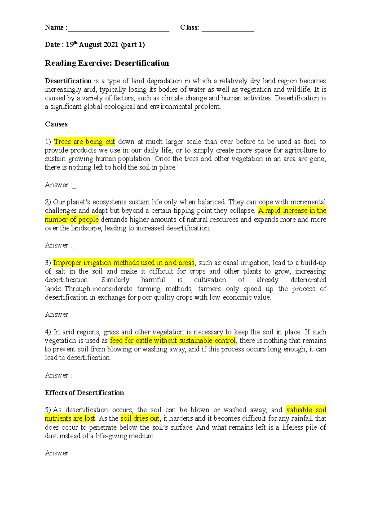 Reading Exercise Desertification worksheet - Name ...