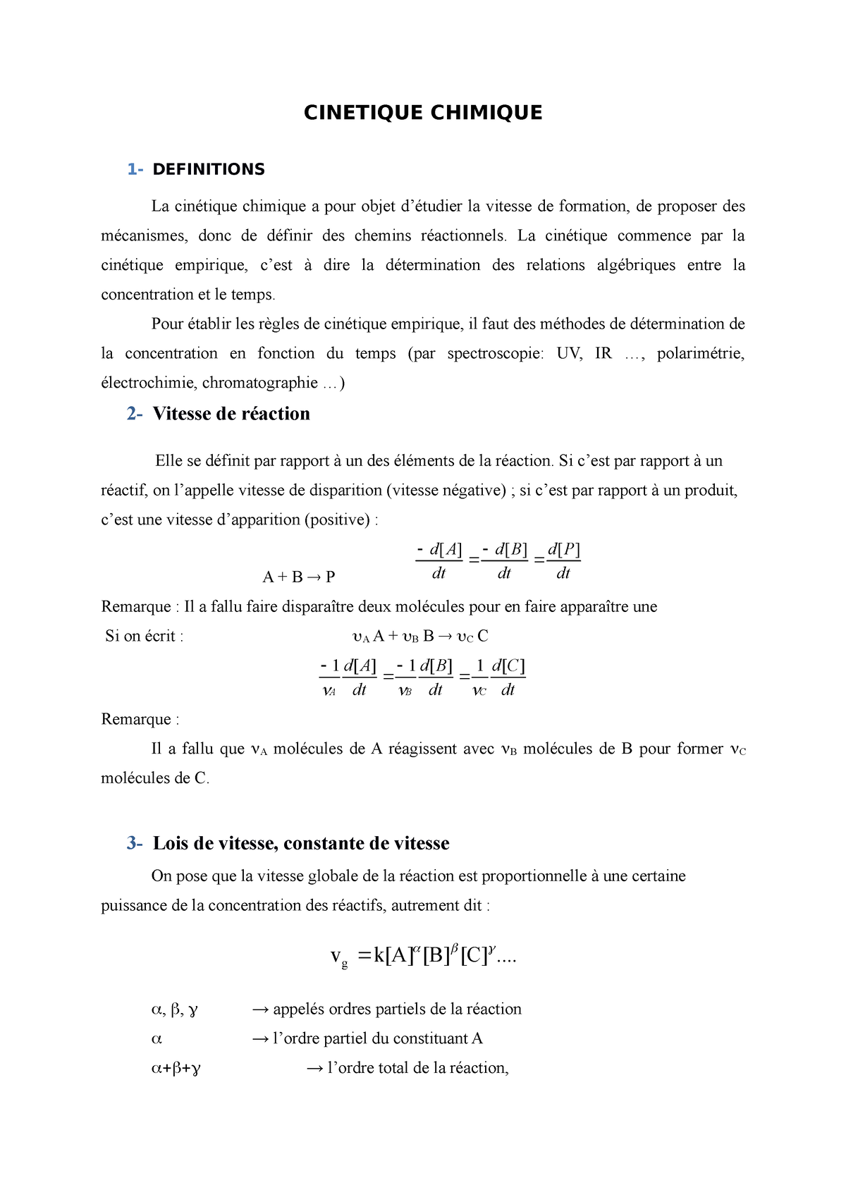 Cinetique Chimique - CINETIQUE CHIMIQUE 1- DEFINITIONS La Cinétique ...