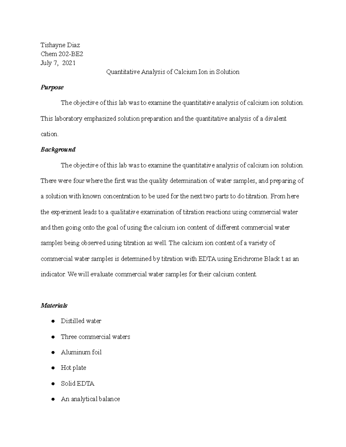 Quantitative Analysis of Calcium Ion in Solution Lab report Tishayne