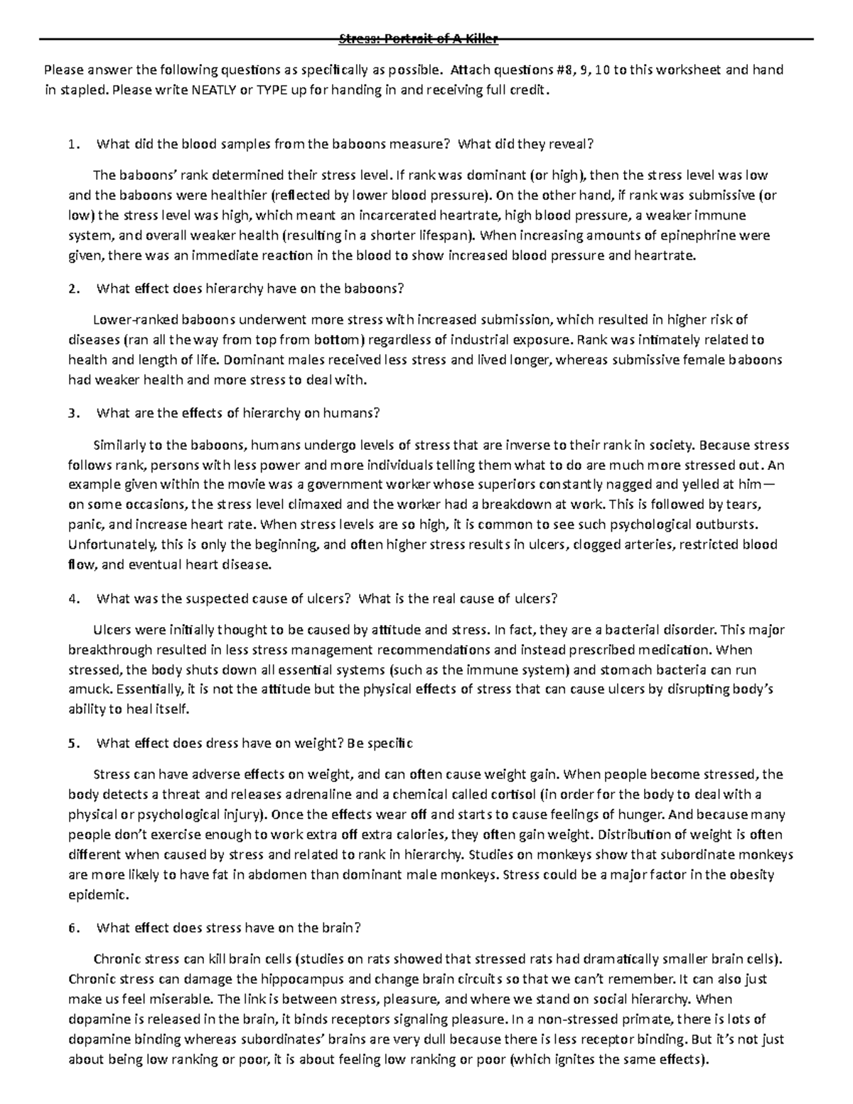 Phed notes..... Stress Portrait of A Killer Please answer the