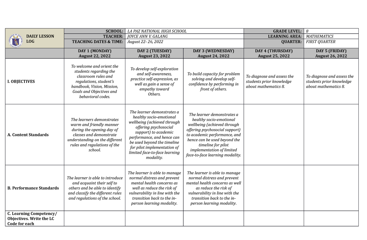 DLL 1st Quarter Week 1 - The - DAILY LESSON LOG SCHOOL: LA PAZ NATIONAL ...