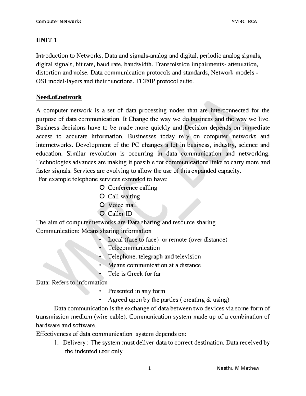 Computer Networks - UNIT 1 Introduction To Networks, Data And Signals ...