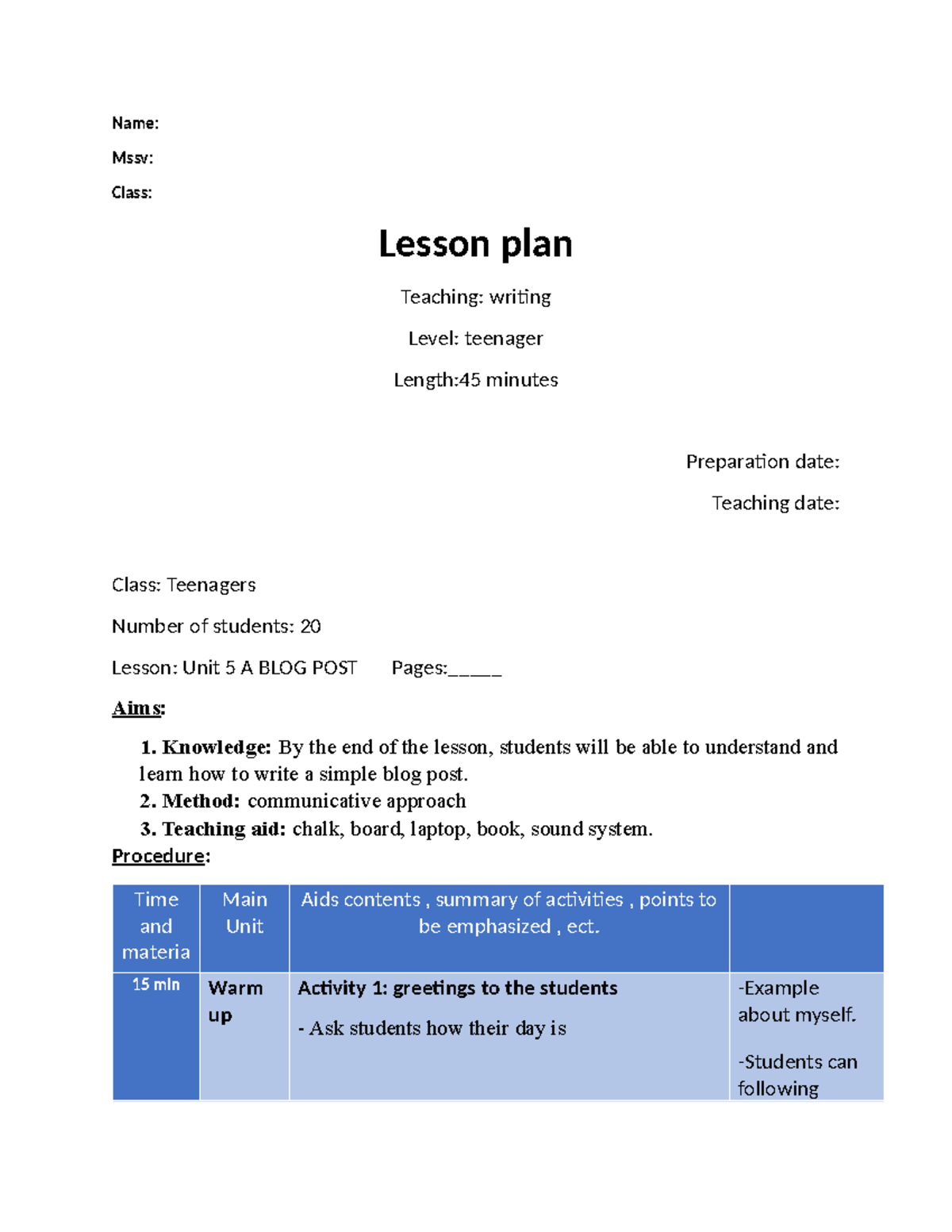 Lesson PLAN Writing A BLOG POST 2 - Name: Mssv: Class: Lesson plan ...