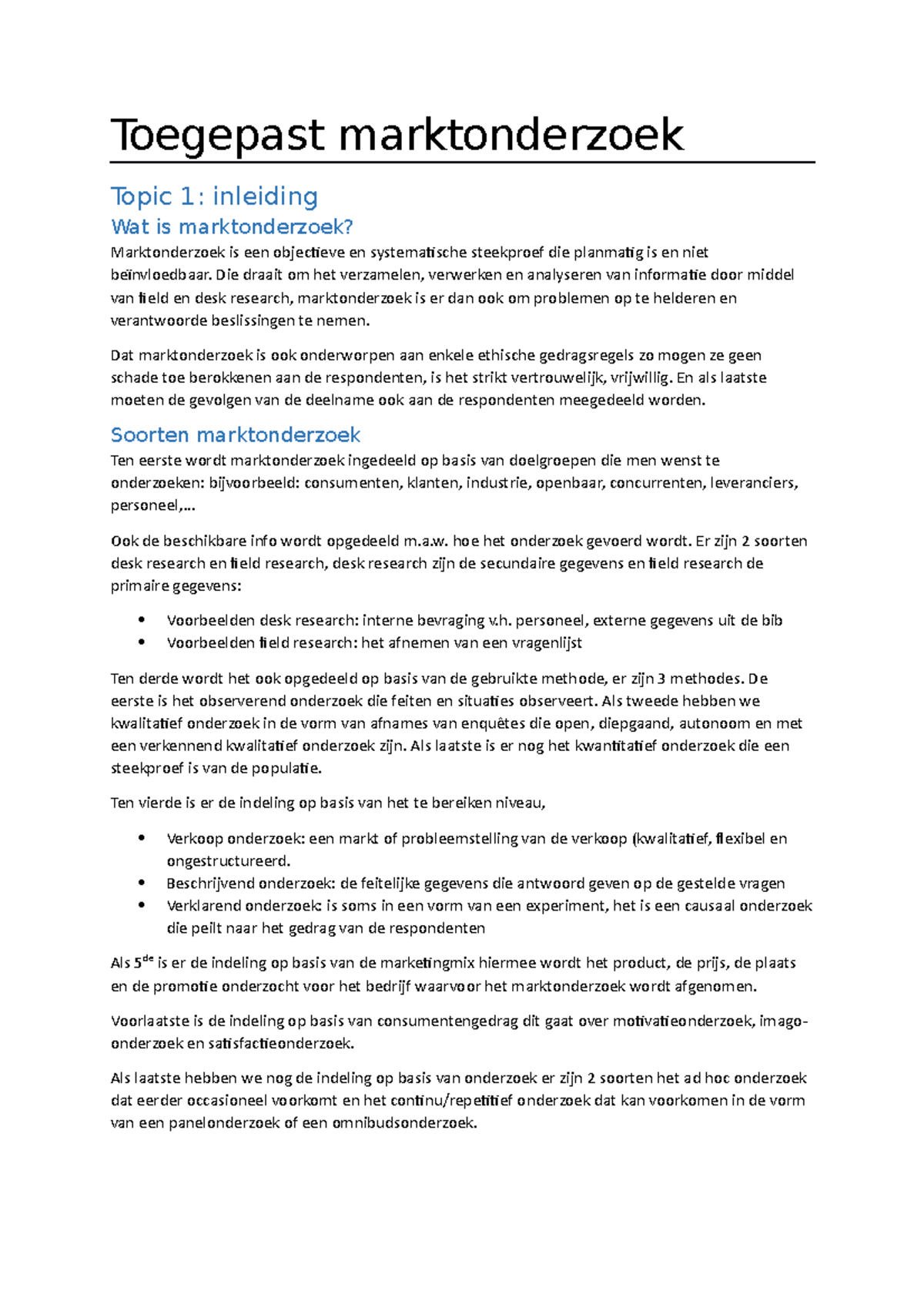 Toegepast Marktonderzoek Samenvatting Topic 1 3 7 8 Toegepast