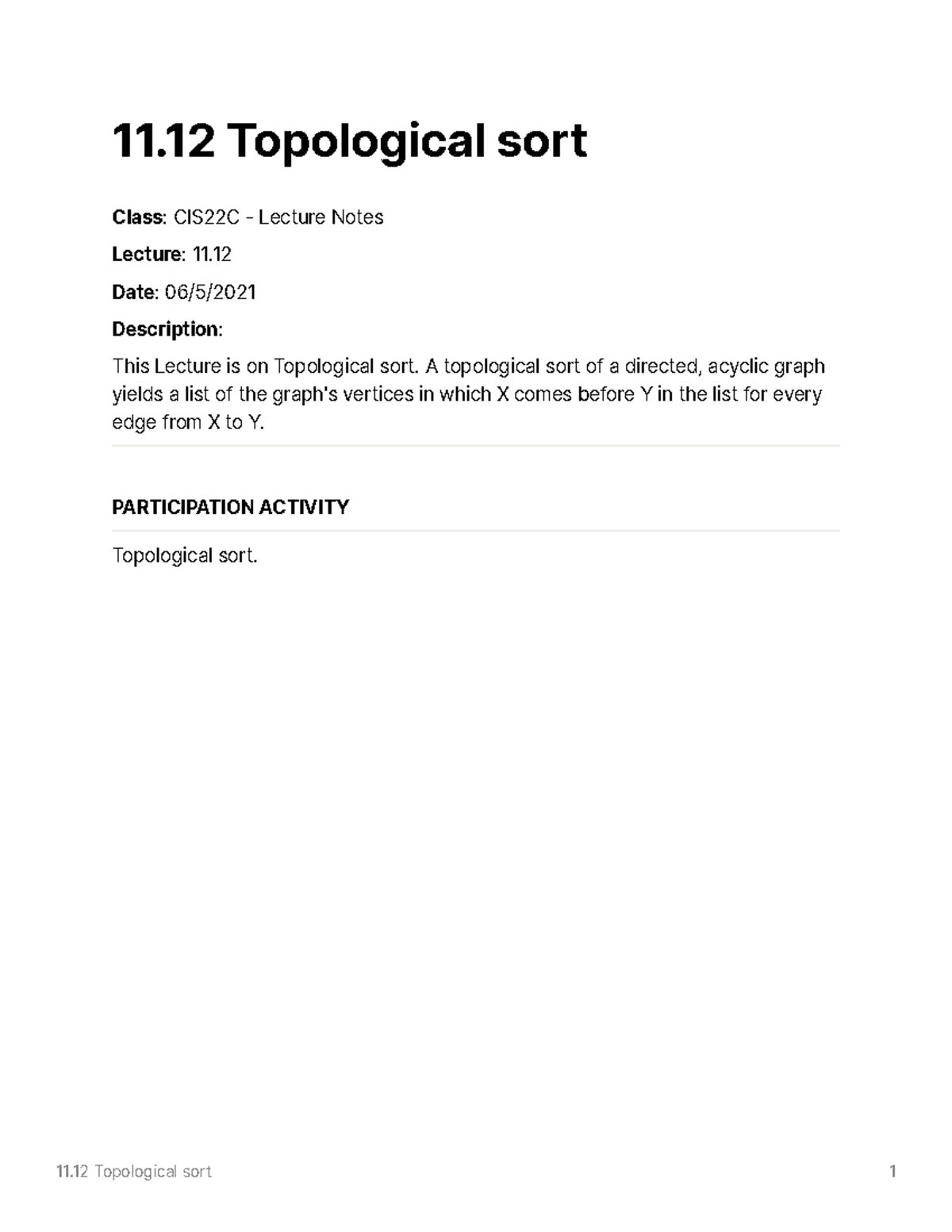 11.12 Topological sort - 11 Topological sort Class : CIS22C - Lecture ...