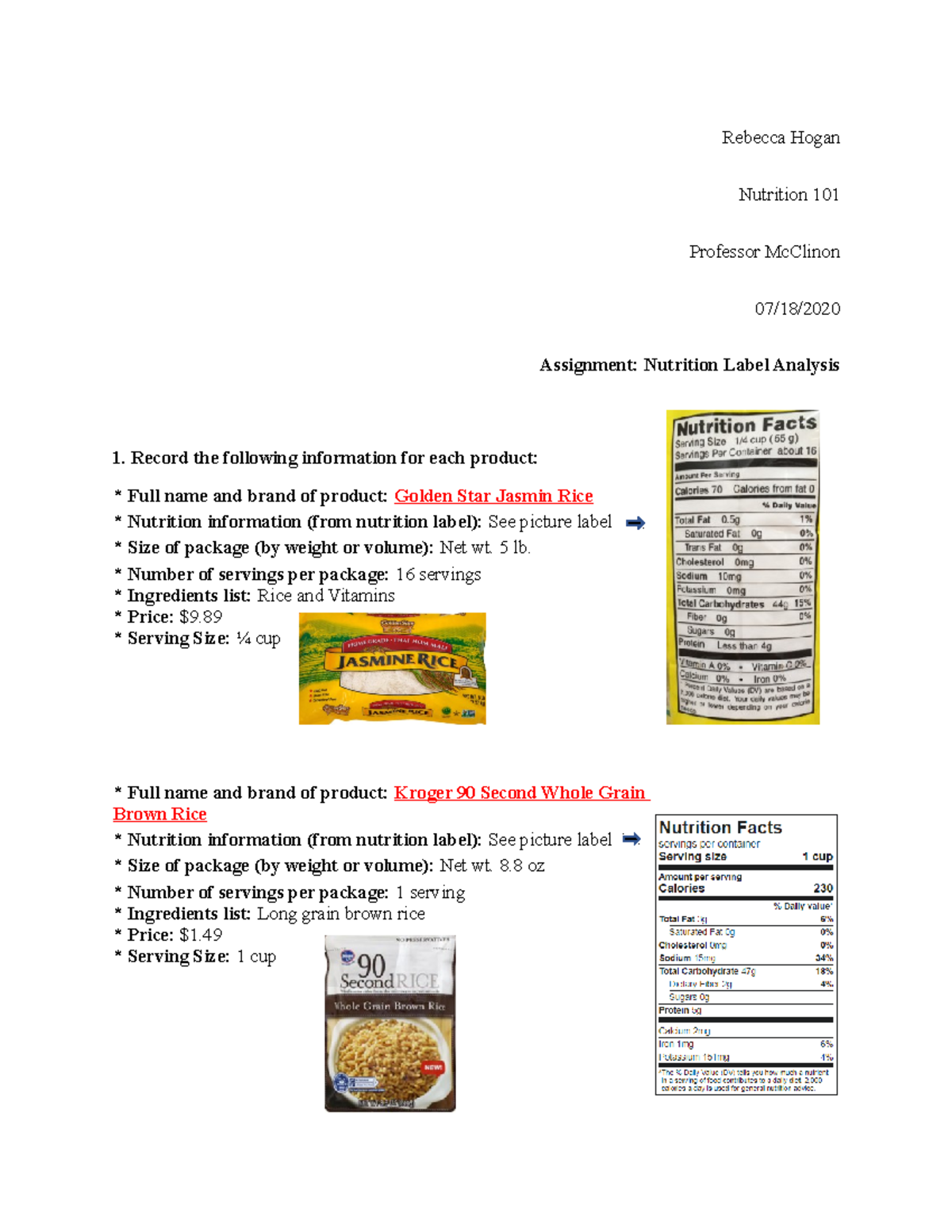 food label analysis assignment