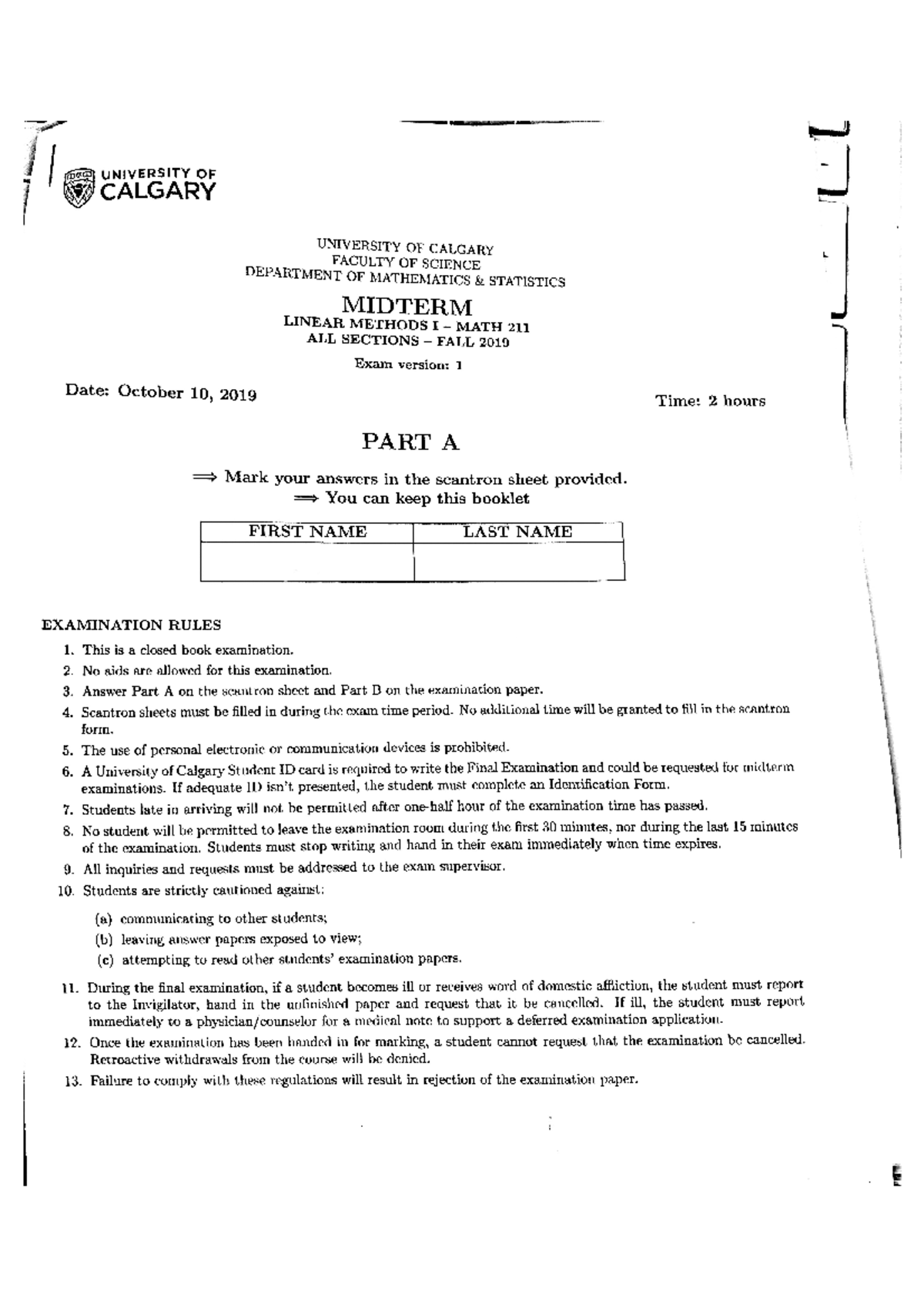 Midterm 10 October 2019, questions and answers - MATH 211 - Studocu