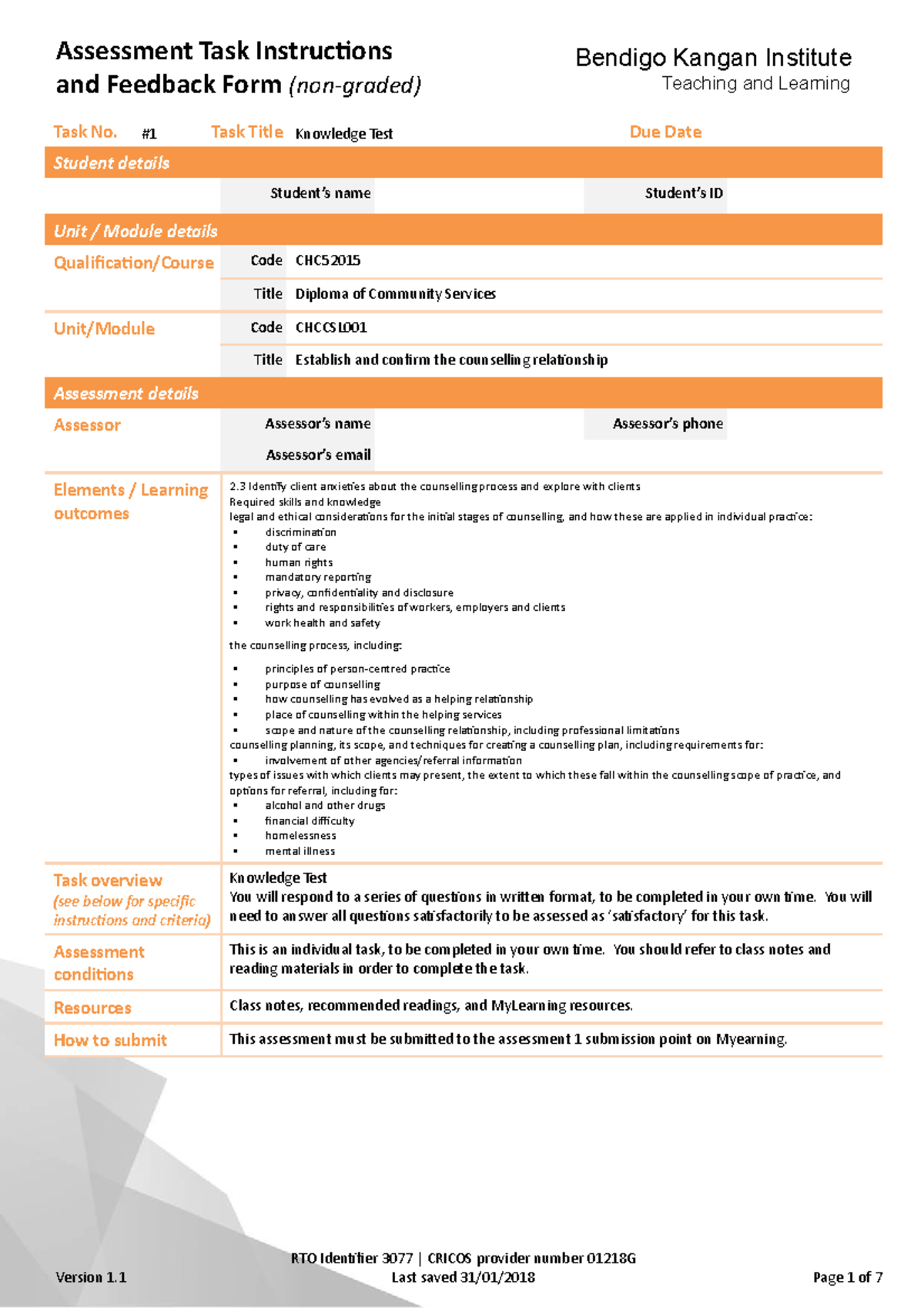 2018 v Assessment 1 - Knowledge Test - Diploma Community Services - and ...