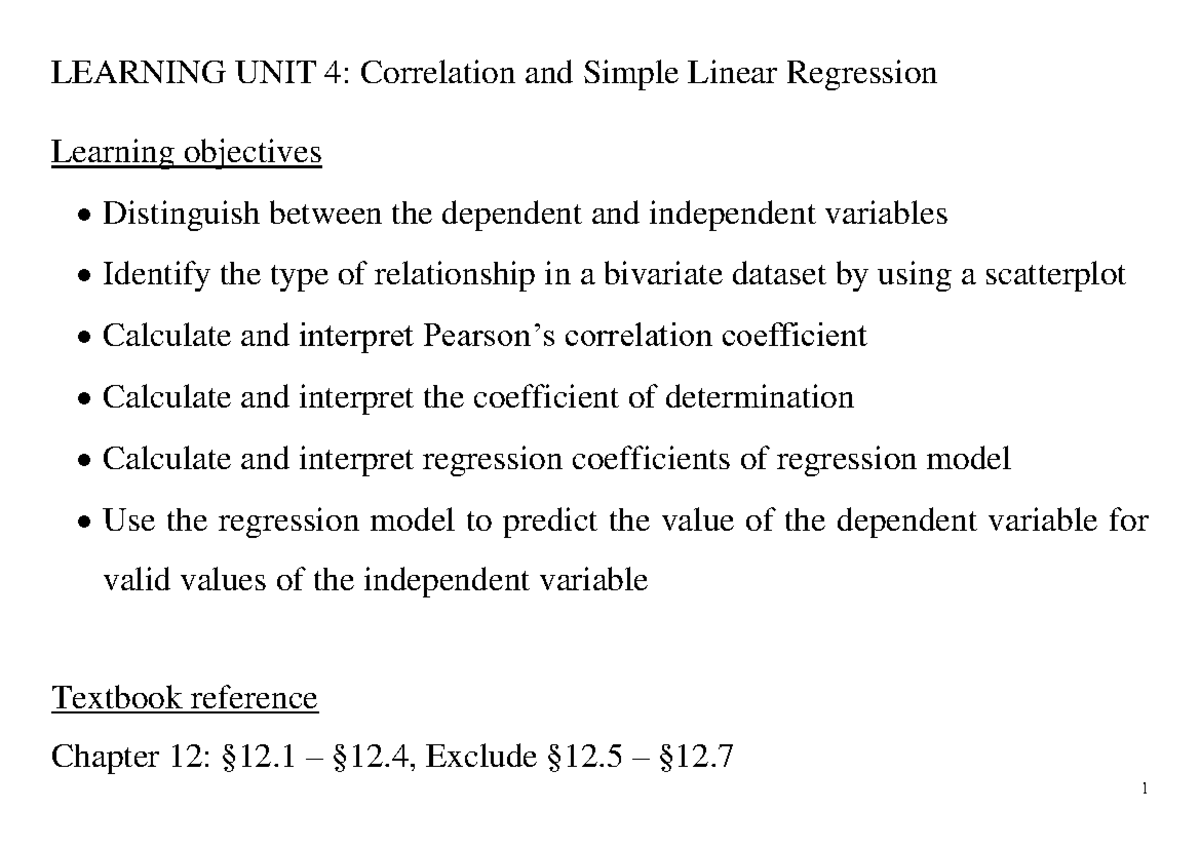 LU4 Lecture Notes - LEARNING UNIT 4: Correlation and Simple Linear ...