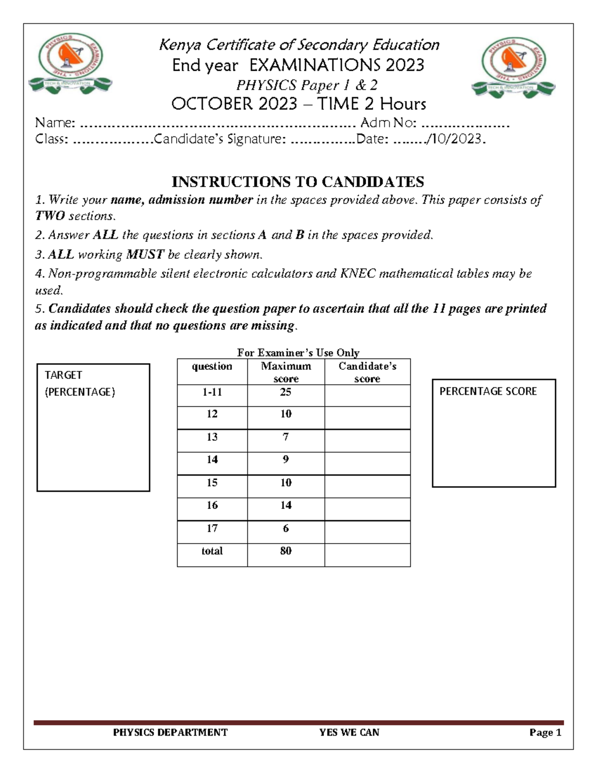 PHY PP1 FORM 3 end year 2023 by JEI copy - Kenya Certificate of ...