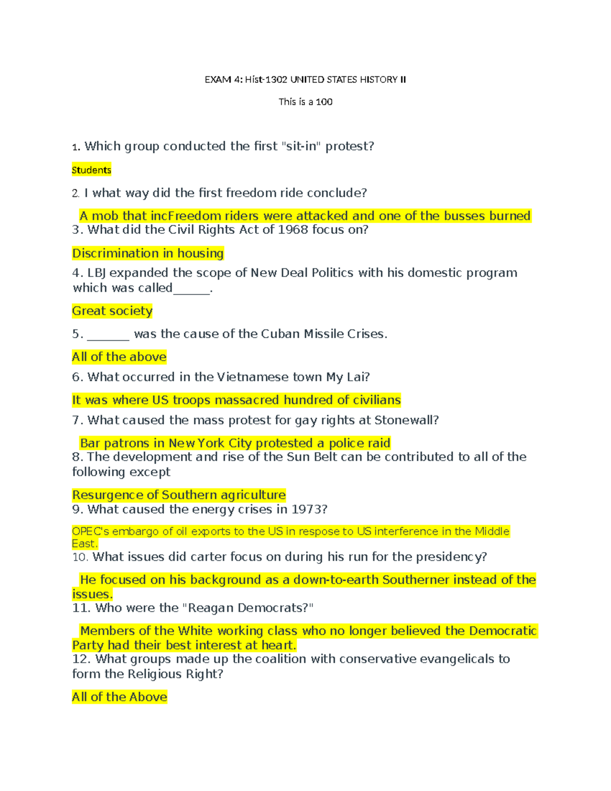 EXAM 4 HIST 1302 20 questions EXAM 4 Hist1302 UNITED STATES