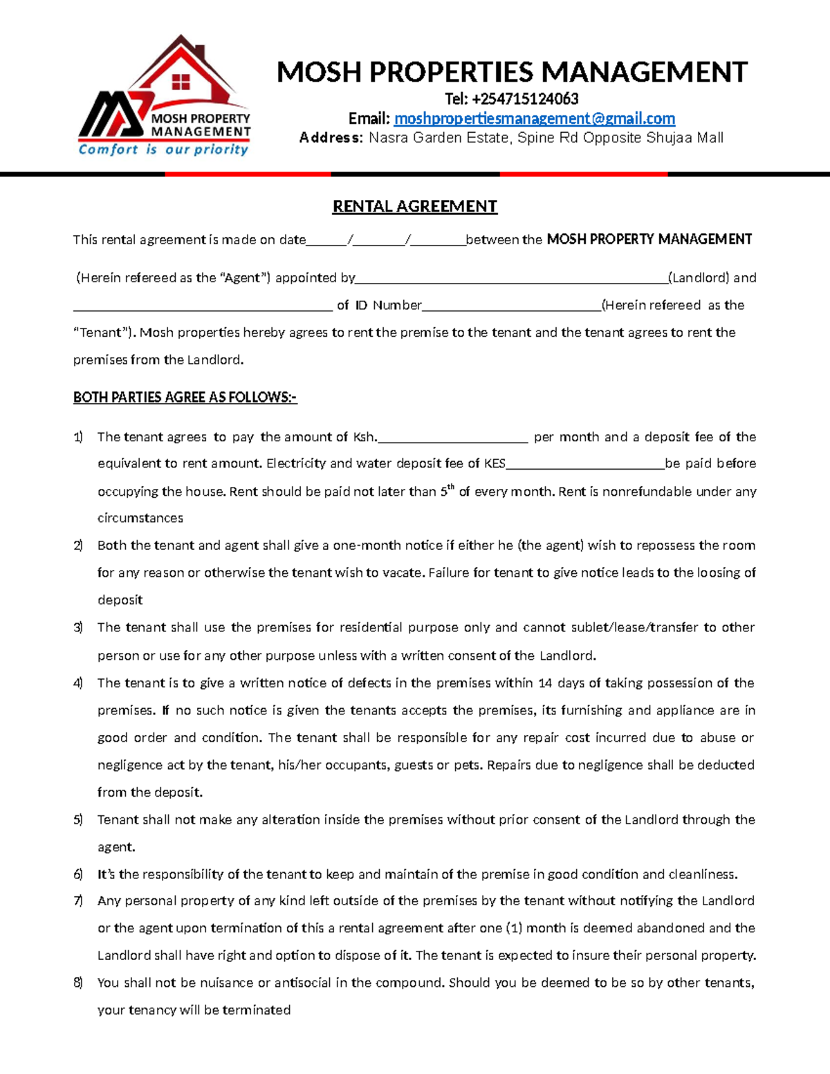 Rental Agreement Agent Tenant - MOSH PROPERTIES MANAGEMENT Tel: + Email ...
