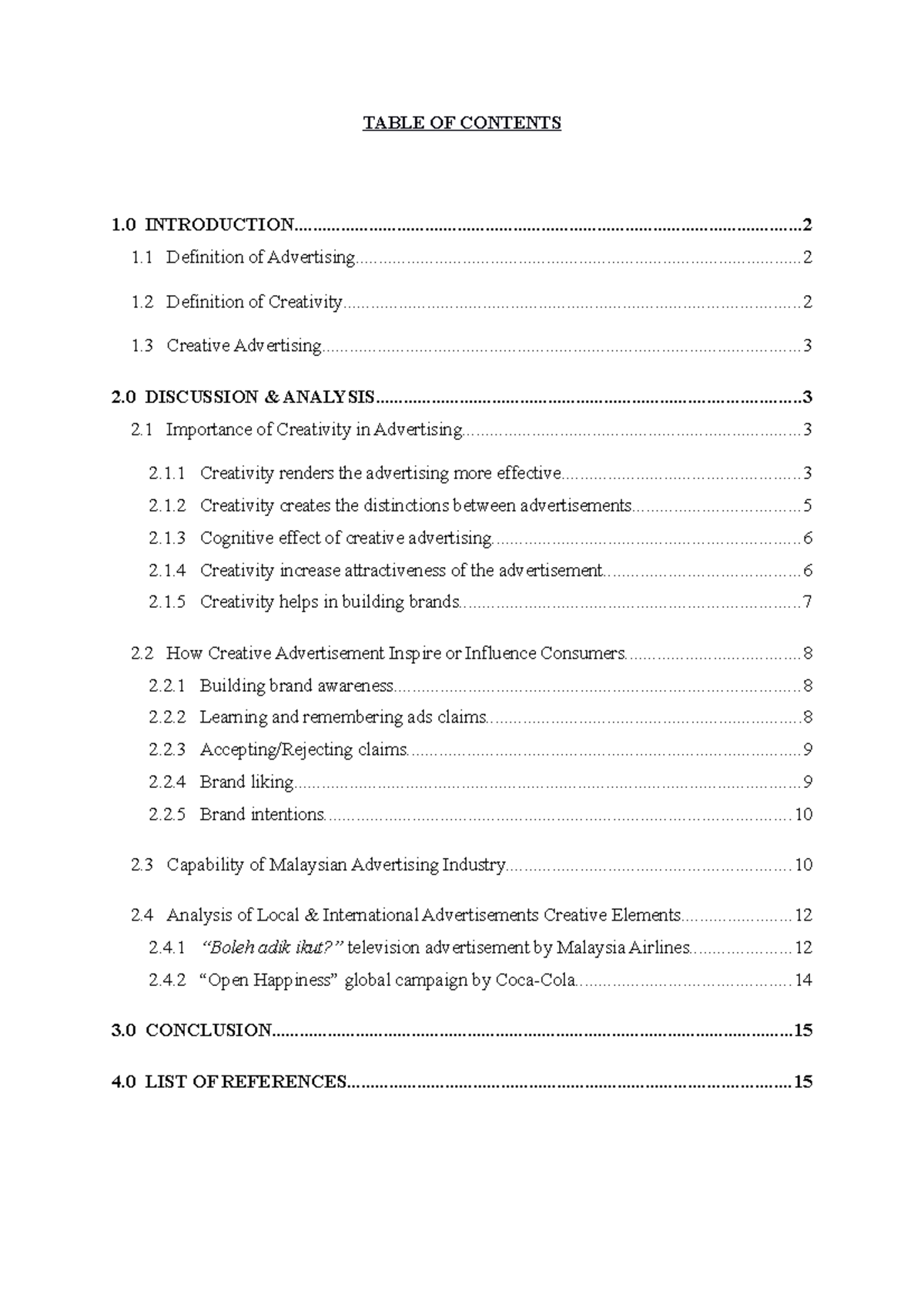 Creative Advertising report - TABLE OF CONTENTS 1 - Studocu