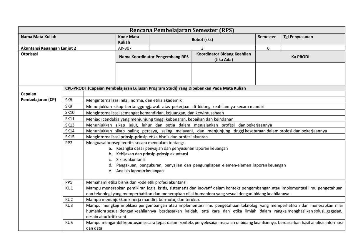 Rencana Pembelajaran Semester Akuntansi Keuangan Lanjutan - Rencana ...