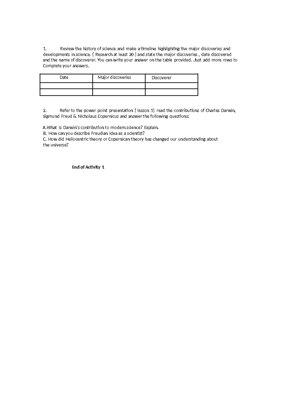 Timeline Questions - questionnaire from a science teacher - Review the ...